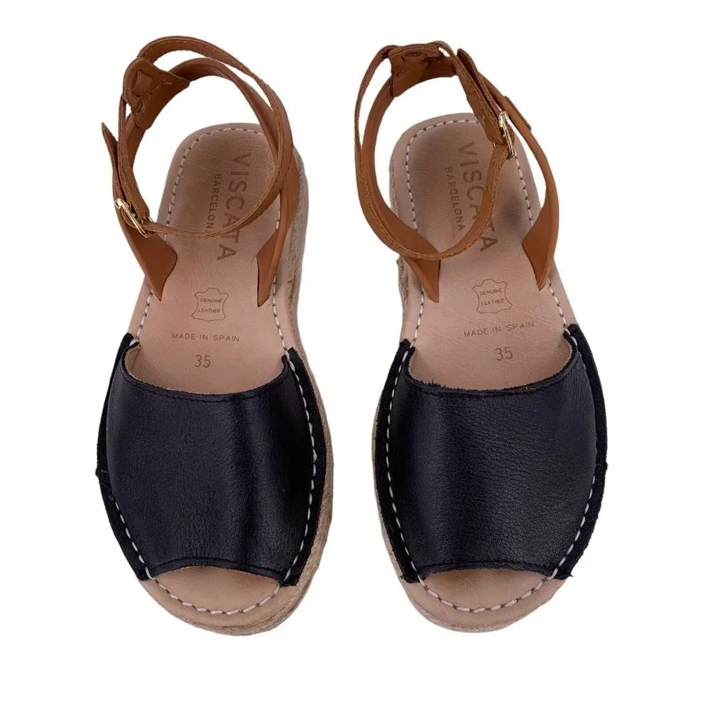 VISCATA BARCELONA Brown & Black Leather Espadrille Sandals Size 35